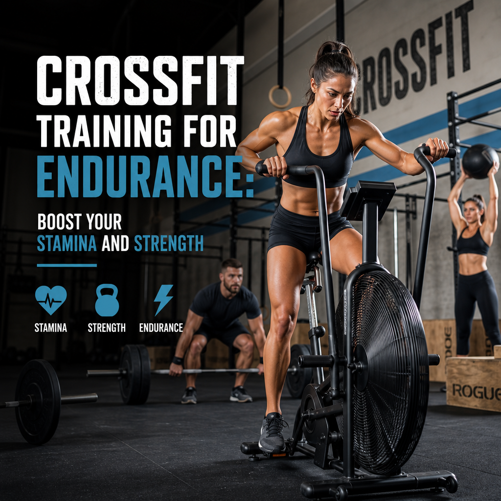 Athletes participating in a CrossFit endurance training session with various cardio and strength equipment in a gym.
