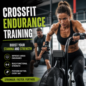 Woman doing CrossFit endurance training on an air bike, with motivational fitness text in a gym setting.