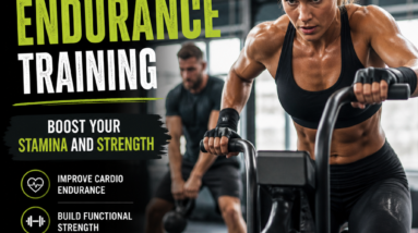 Woman doing CrossFit endurance training on an air bike, with motivational fitness text in a gym setting.