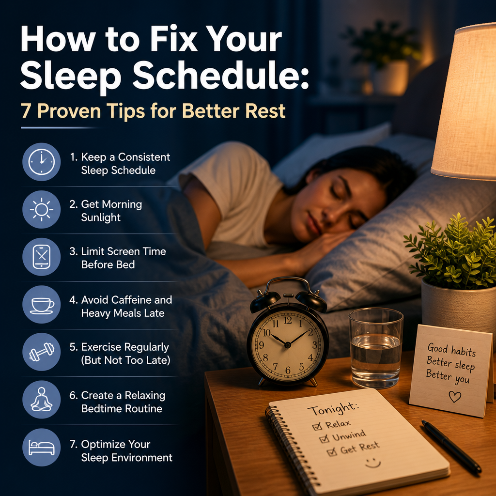Infographic with 7 tips to fix your sleep schedule and enhance rest for better health and energy.