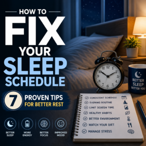 Infographic outlining seven tips to improve sleep schedule and enhance rest quality.