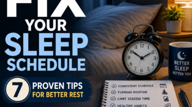 Infographic outlining seven tips to improve sleep schedule and enhance rest quality.