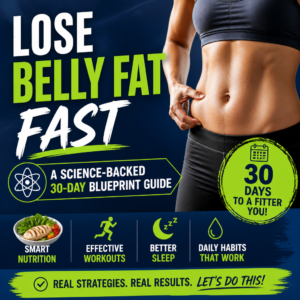 Infographic featuring a 30-day blueprint with tips on nutrition, workouts, sleep, and habits to lose belly fat fast.