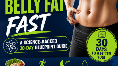 Infographic featuring a 30-day blueprint with tips on nutrition, workouts, sleep, and habits to lose belly fat fast.