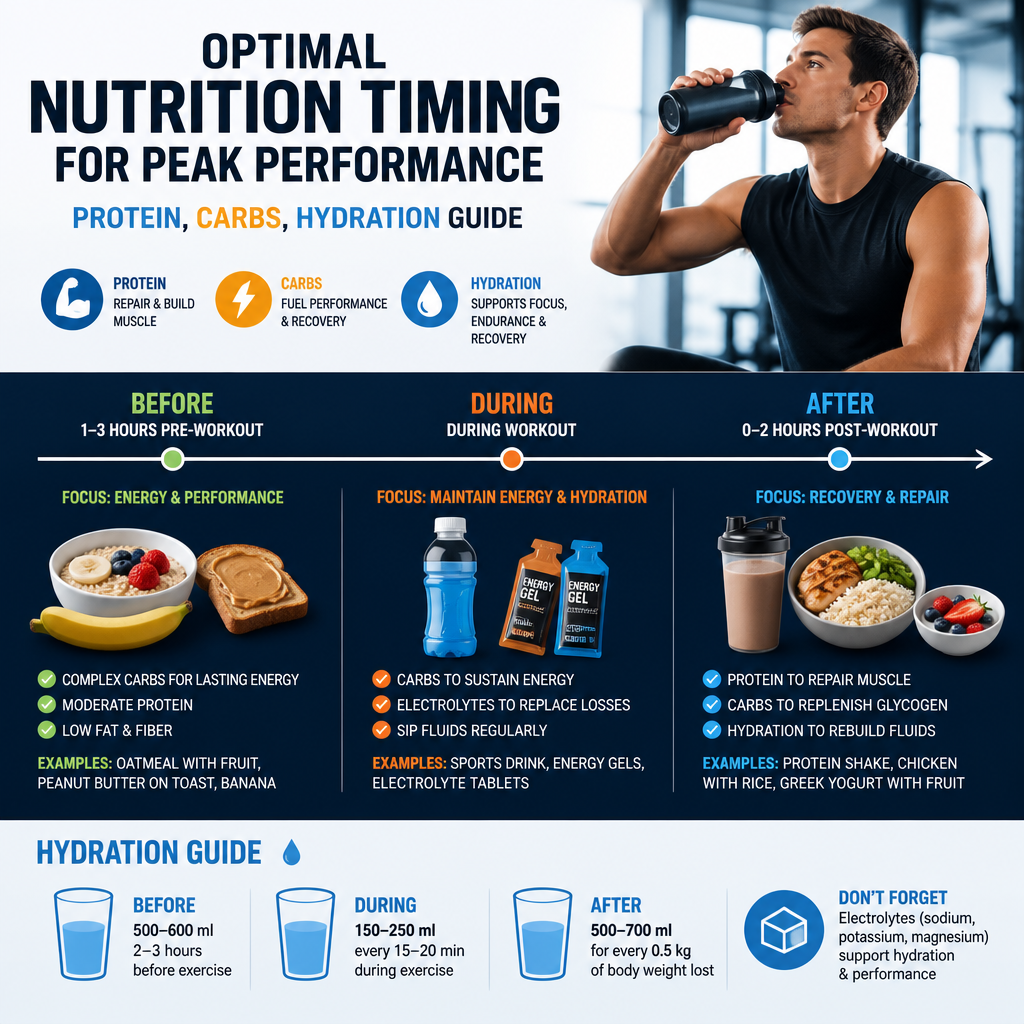 Infographic on optimal nutrition timing for protein, carbs, and hydration around workouts for peak athletic performance.