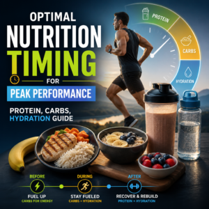 Guide on optimal nutrition timing for athletes, detailing protein, carbs, and hydration for pre, during, and post-workout.
