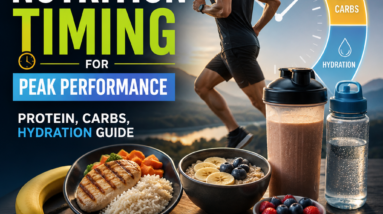 Guide on optimal nutrition timing for athletes, detailing protein, carbs, and hydration for pre, during, and post-workout.
