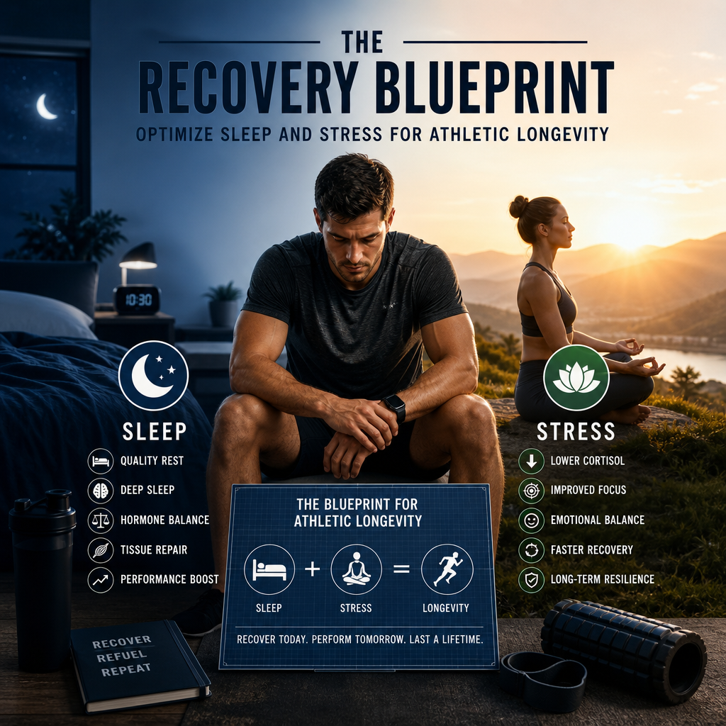 Infographic titled "The Recovery Blueprint" promoting sleep and stress management strategies for athletic longevity.