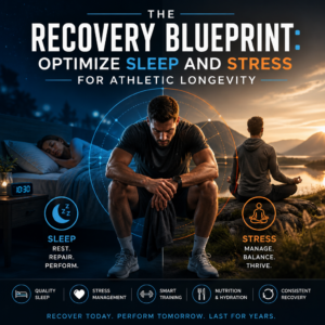 Infographic on athletic recovery strategies focusing on sleep, stress management, nutrition, and smart training for longevity