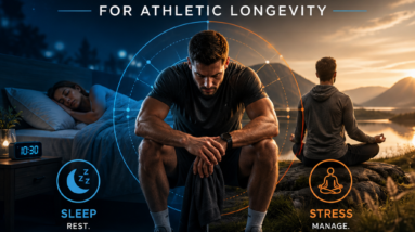 Infographic on athletic recovery strategies focusing on sleep, stress management, nutrition, and smart training for longevity