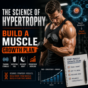 Muscular man lifting a dumbbell next to an infographic detailing a science-based muscle growth plan.