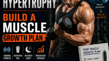 Muscular man lifting a dumbbell next to an infographic detailing a science-based muscle growth plan.
