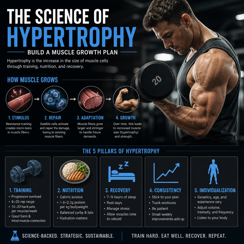 Infographic showing a muscular man lifting a dumbbell, highlighting five pillars of muscle growth.